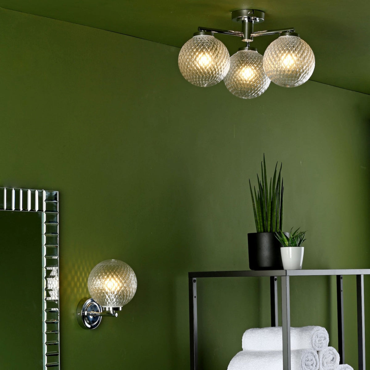 Wayne 3 Light IP44 Semi Flush Ceiling Light In Polished Chrome With Textured Glass Shade