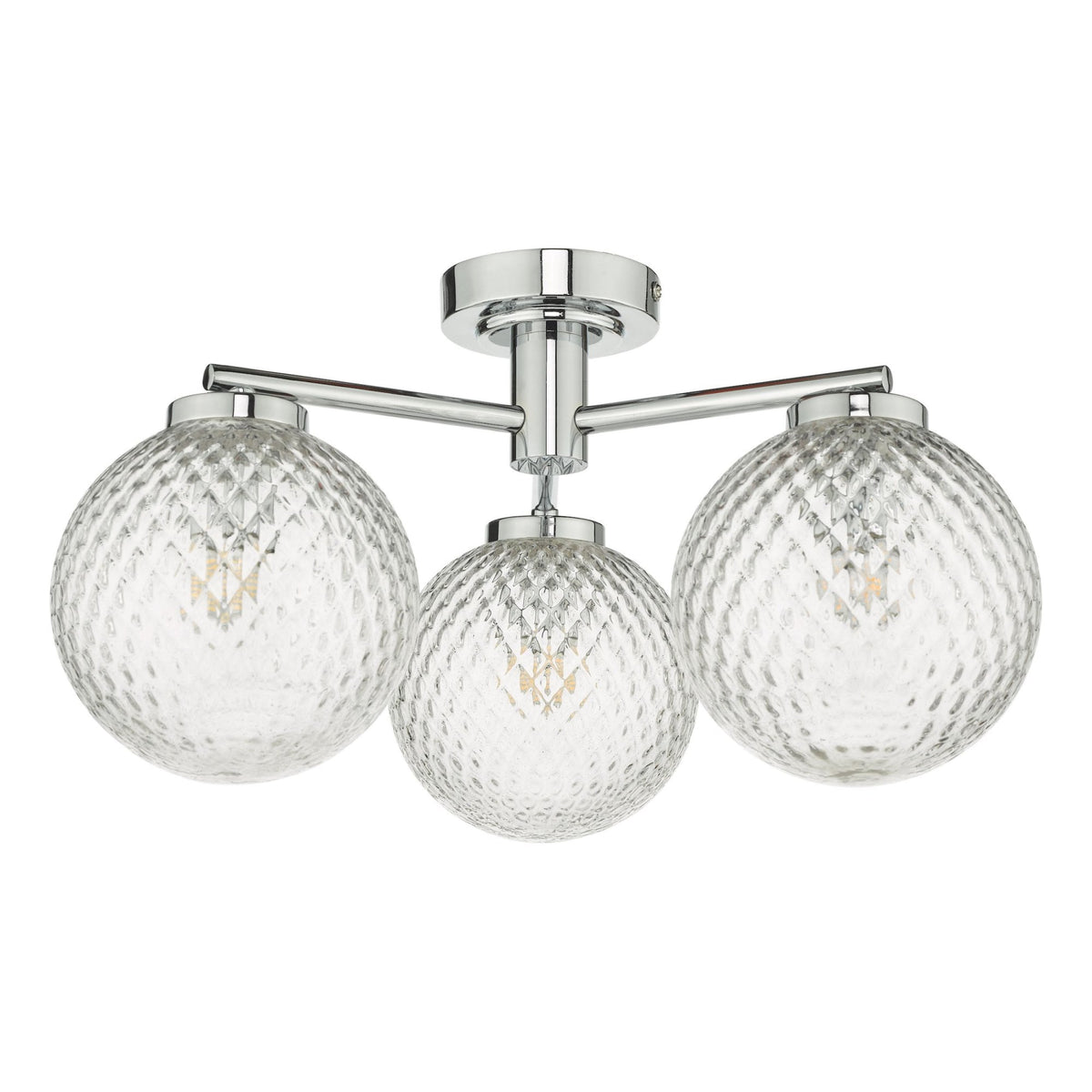 Wayne 3 Light IP44 Semi Flush Ceiling Light In Polished Chrome With Textured Glass Shade