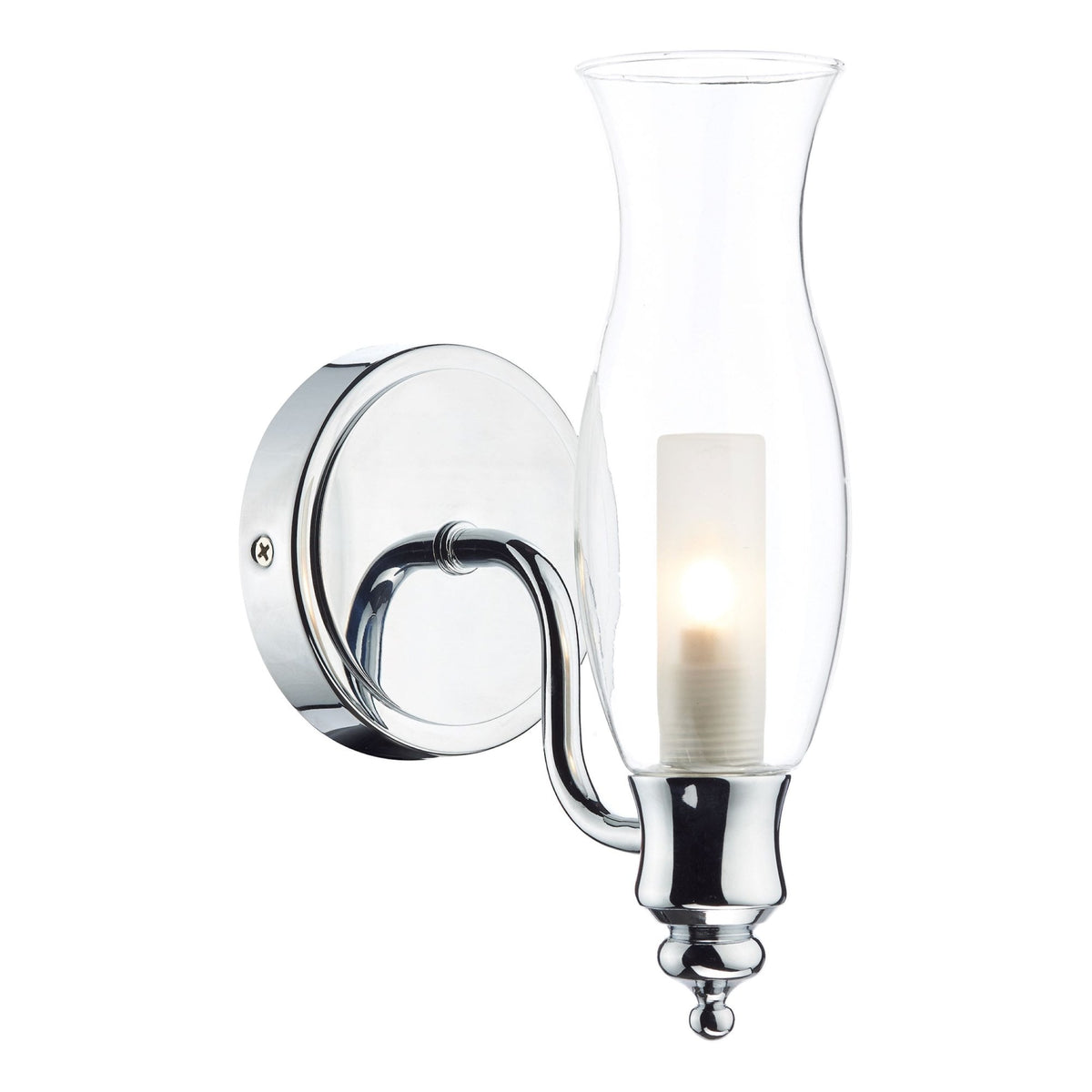 Chrome wall sconce with a clear glass hurricane shade and a frosted candle-style bulb.