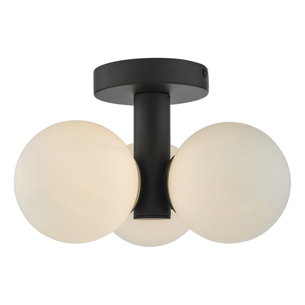 Blake 3 Light IP44 Semi Flush Ceiling Light InMatt Black With Opal Glass Shades