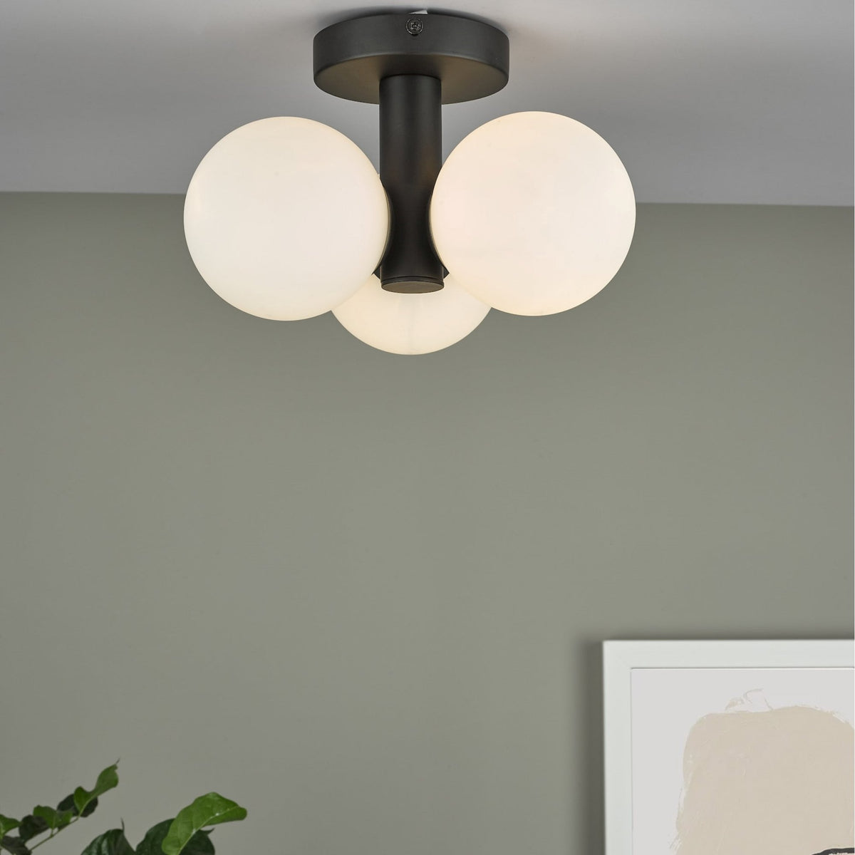 Blake 3 Light IP44 Semi Flush Ceiling Light InMatt Black With Opal Glass Shades