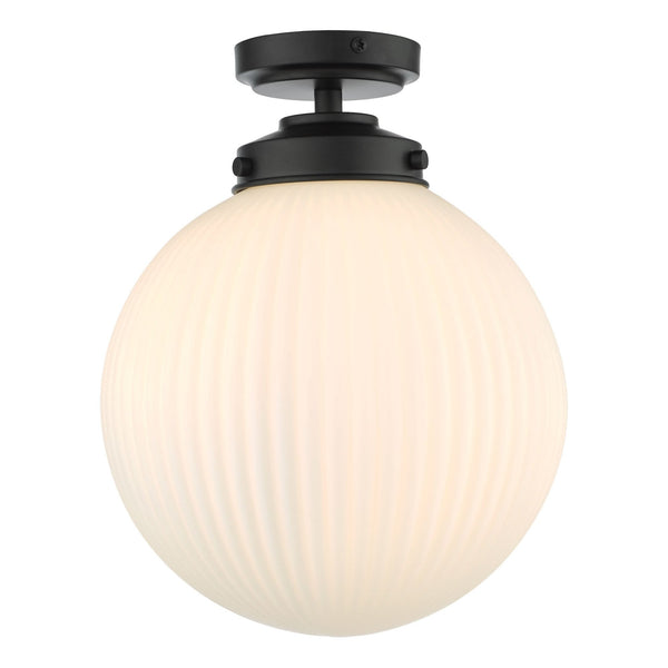 Alrik IP44 Semi Flush Ceiling Light In Matt Black With Ribbed Opal Shade