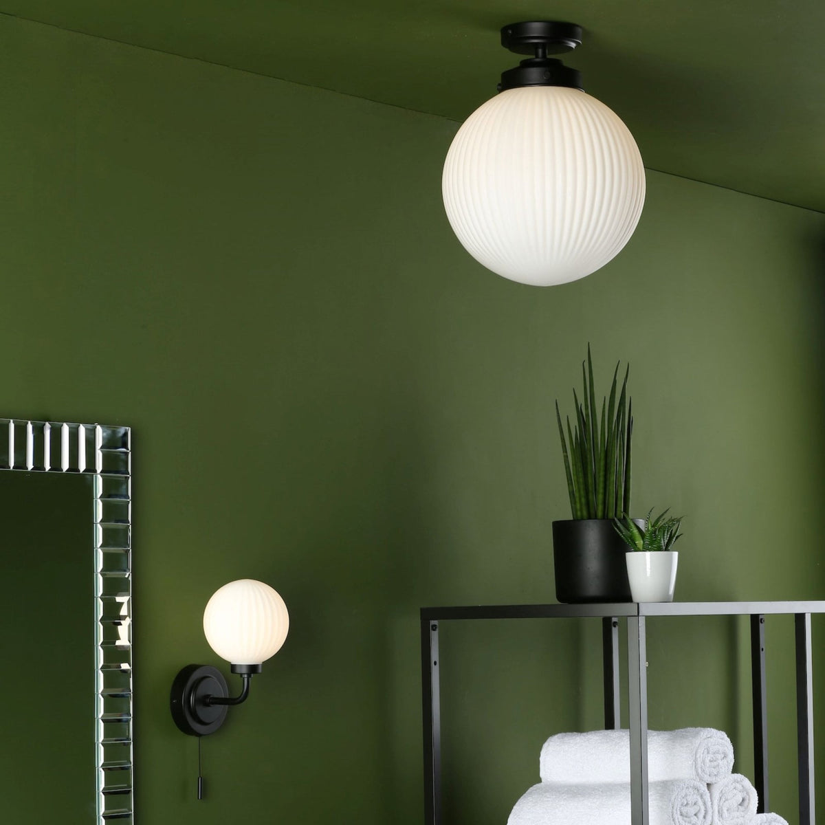 Alrik IP44 Semi Flush Ceiling Light In Matt Black With Ribbed Opal Shade