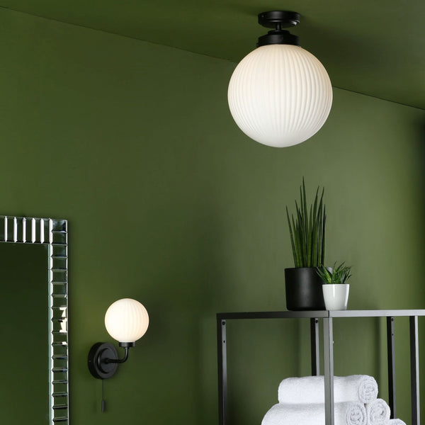 Alrik IP44 Semi Flush Ceiling Light In Matt Black With Ribbed Opal Shade