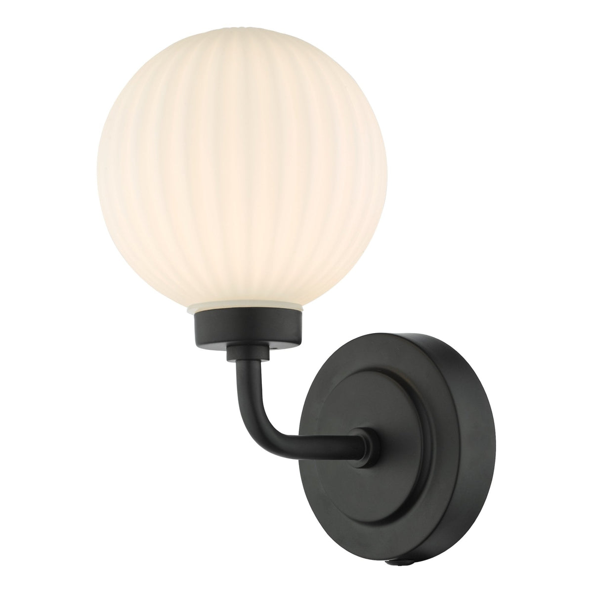 Matte black wall sconce with a ribbed, frosted glass globe shade.