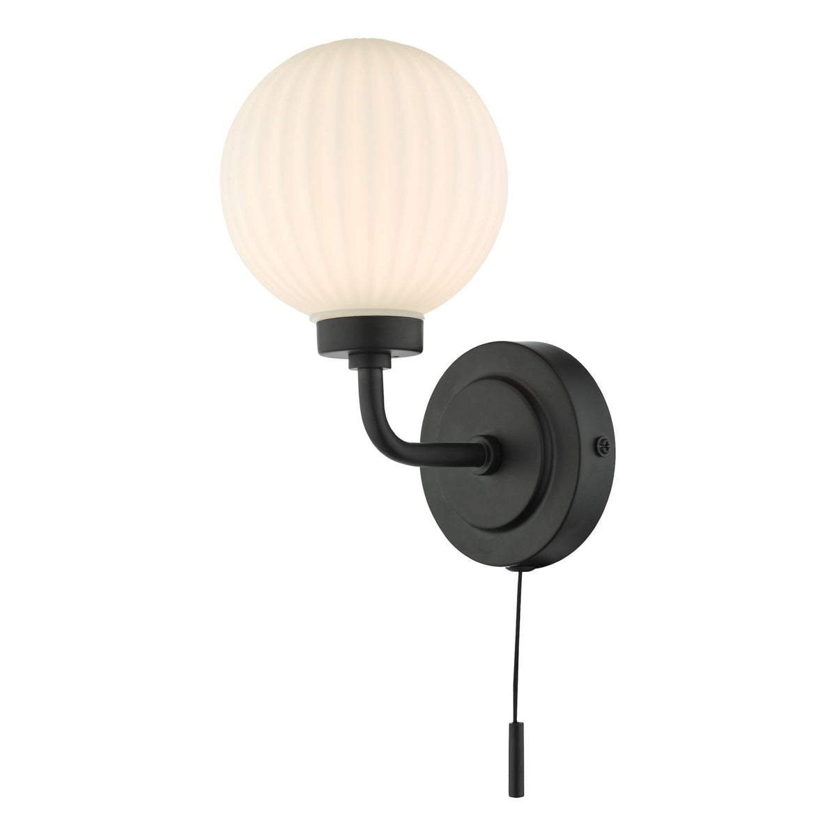 Black wall light with a ribbed, spherical, white glass shade and a pull cord switch.