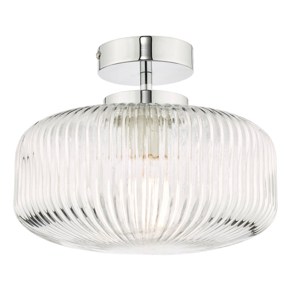 Riva IP44 Semi Flush Ceiling Light In Polished Chrome With Ribbed Glass Shade