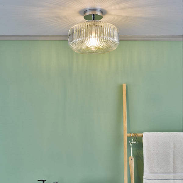 Riva IP44 Semi Flush Ceiling Light In Polished Chrome With Ribbed Glass Shade