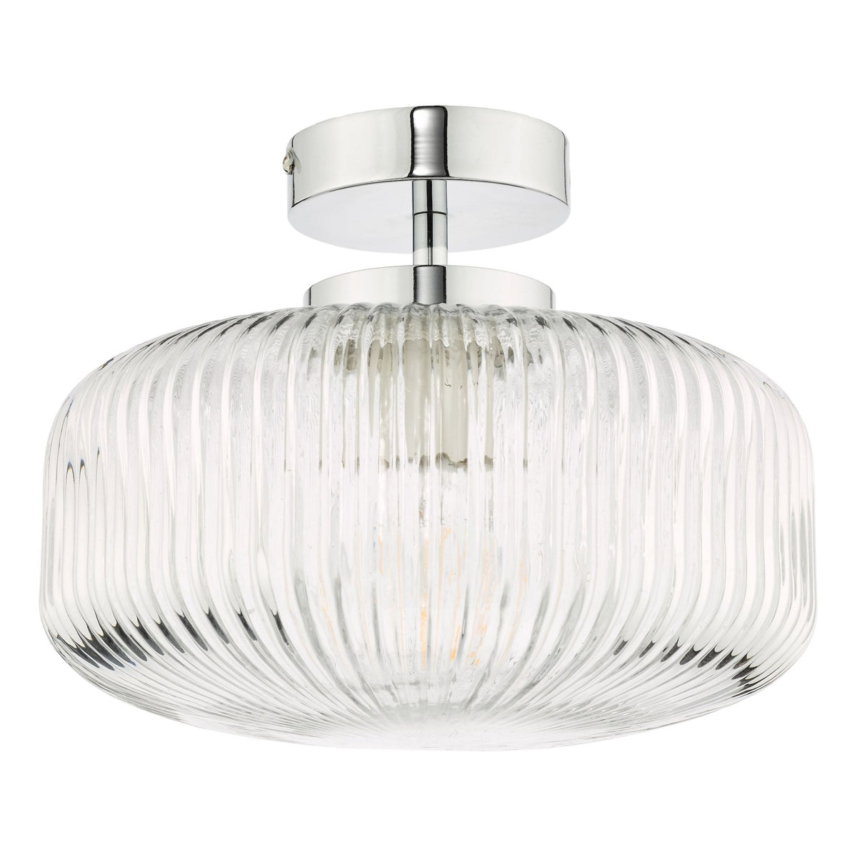 Riva IP44 Semi Flush Ceiling Light In Polished Chrome With Ribbed Glass Shade