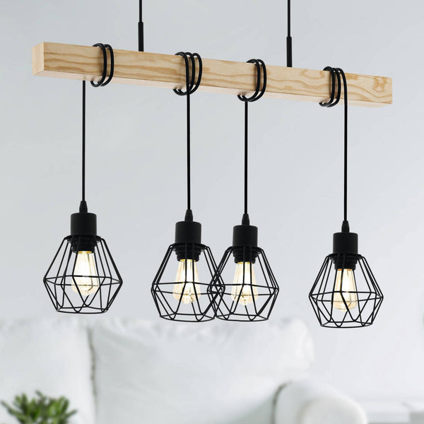 Townshend 5 Four Lamp Wooden Bar Pendant with Wire Cage Shades