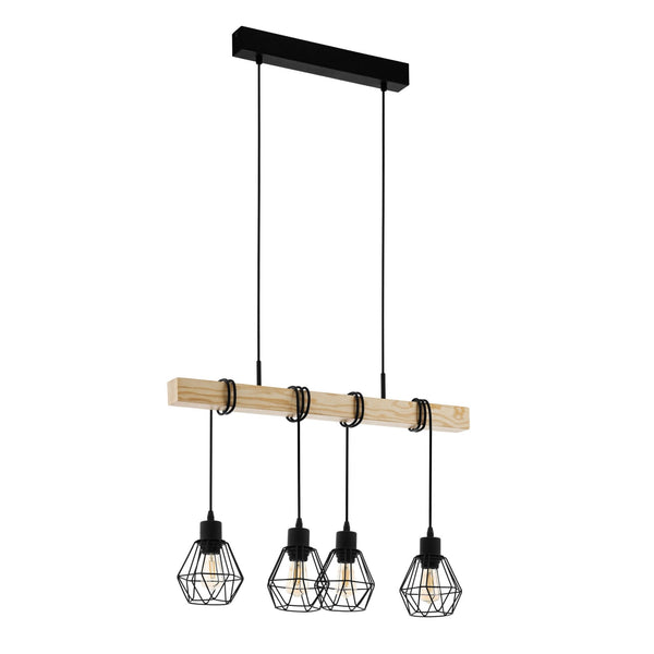 Townshend 5 Four Lamp Wooden Bar Pendant with Wire Cage Shades