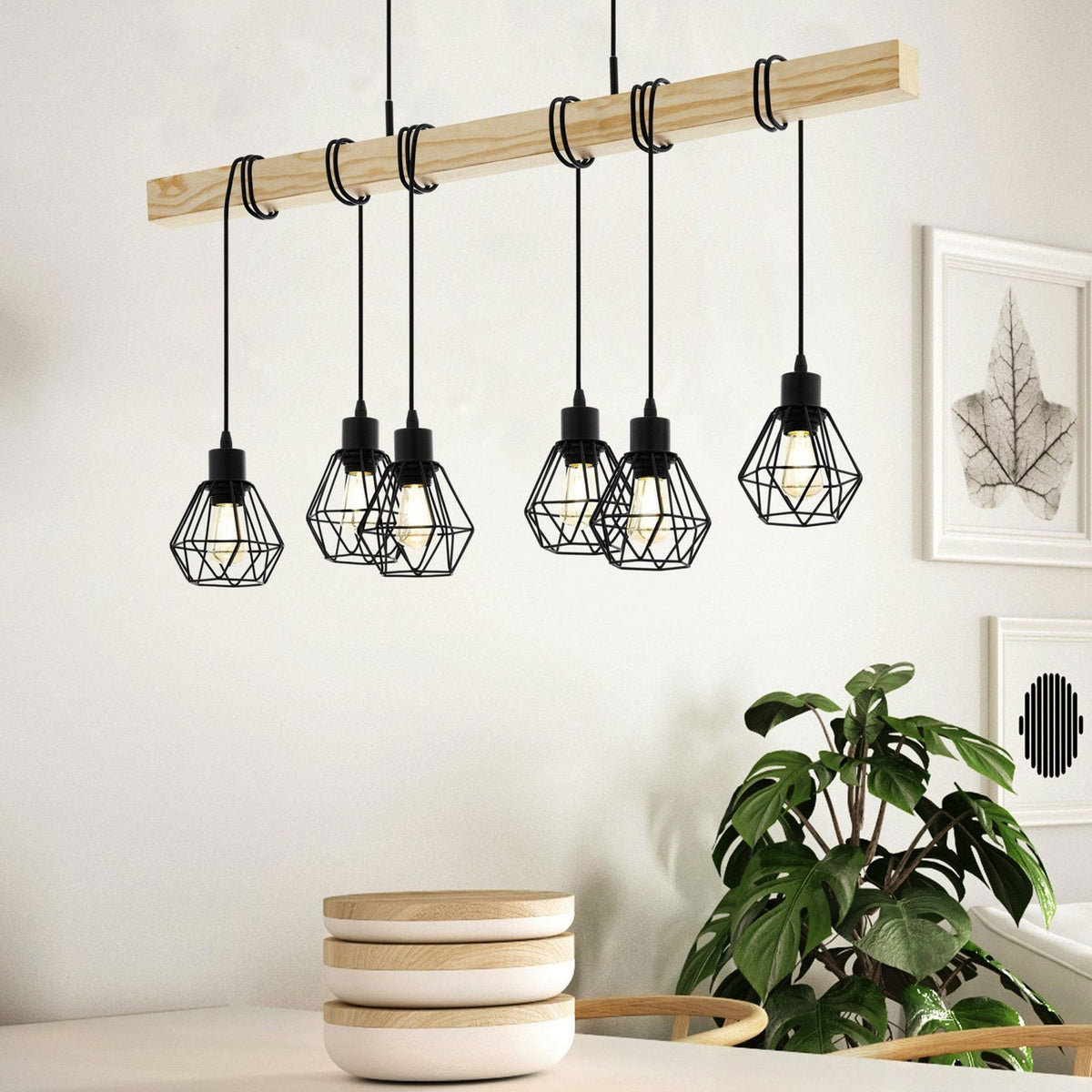 Townshend 5 Six Lamp Wooden Bar Pendant with Wire Cage Shades