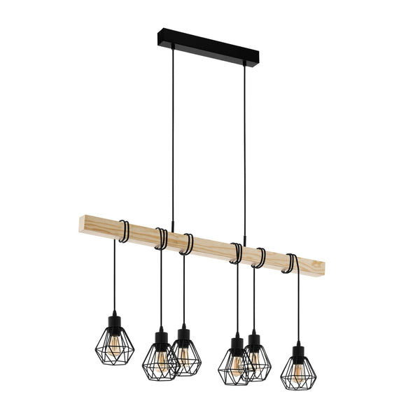 Townshend 5 Six Lamp Wooden Bar Pendant with Wire Cage Shades