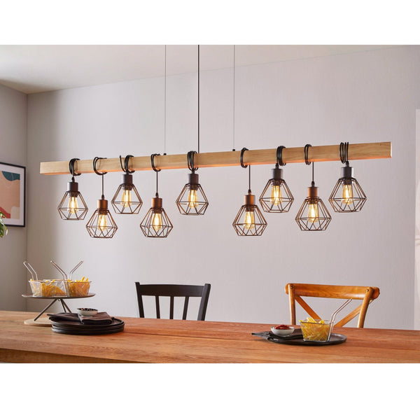 Townshend 5 Nine Lamp Wooden Bar Pendant with Wire Cage Shades
