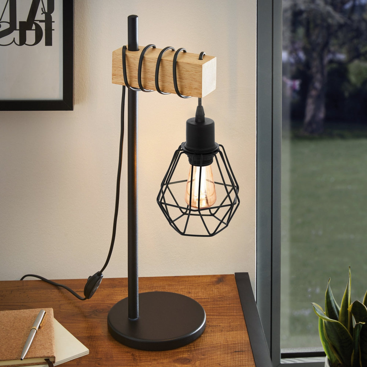 Eglo Townshend 5 Table Lamp with Black Wire Cage Shade on a wooden desk