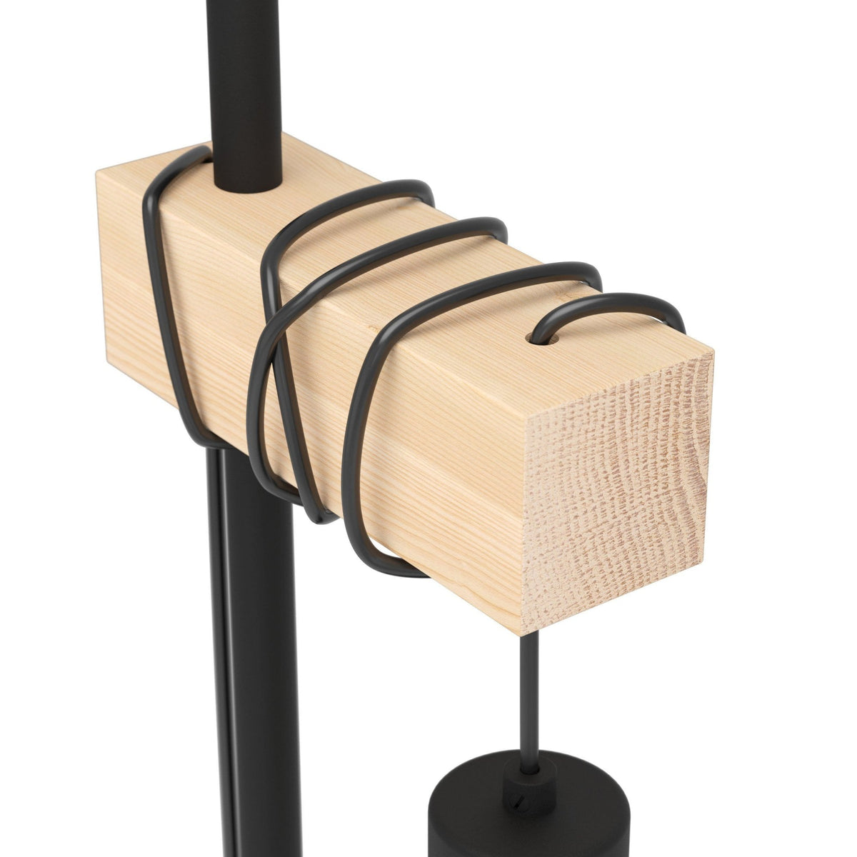 Eglo Townshend 5 Table Lamp with Black Wire Cage Shade, close up of the wooden block and black wire