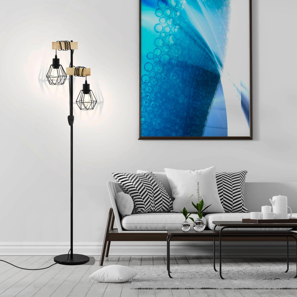 Townshend 5 Twin Lamp Floor Lamp with Black Wire Cage Shades