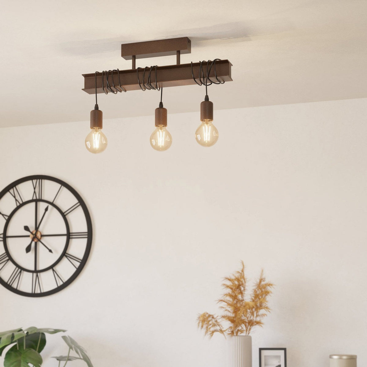 Townshend 4 Industrial Style Three Lamp Semi Flush Ceiling Light in Rust Brown