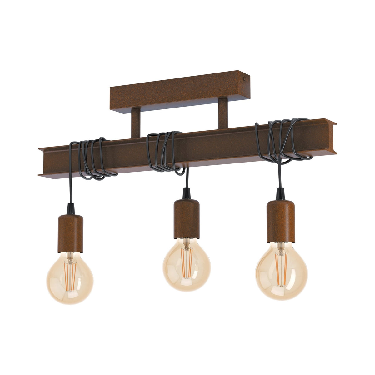 Townshend 4 Industrial Style Three Lamp Semi Flush Ceiling Light in Rust Brown