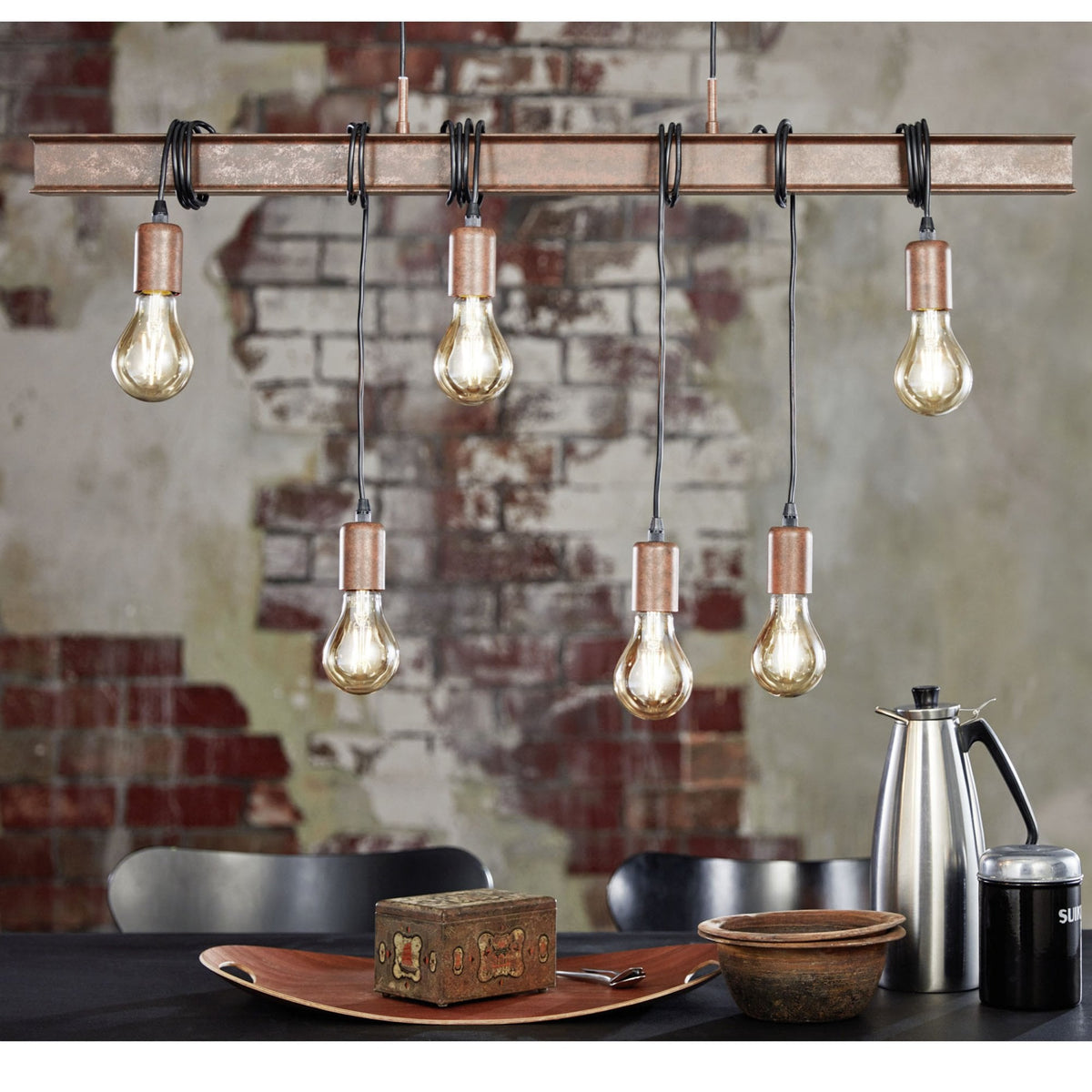 Townshend 4 Industrial Style Six Lamp Bar Pendant in Rust Brown