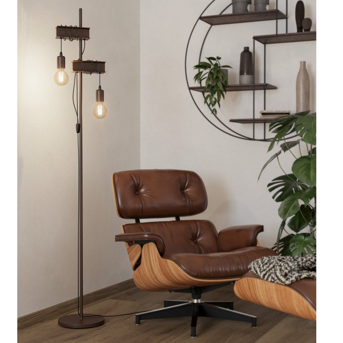 Townshend 4 Industrial Style Twin Arm Floor Lamp in Rust Brown