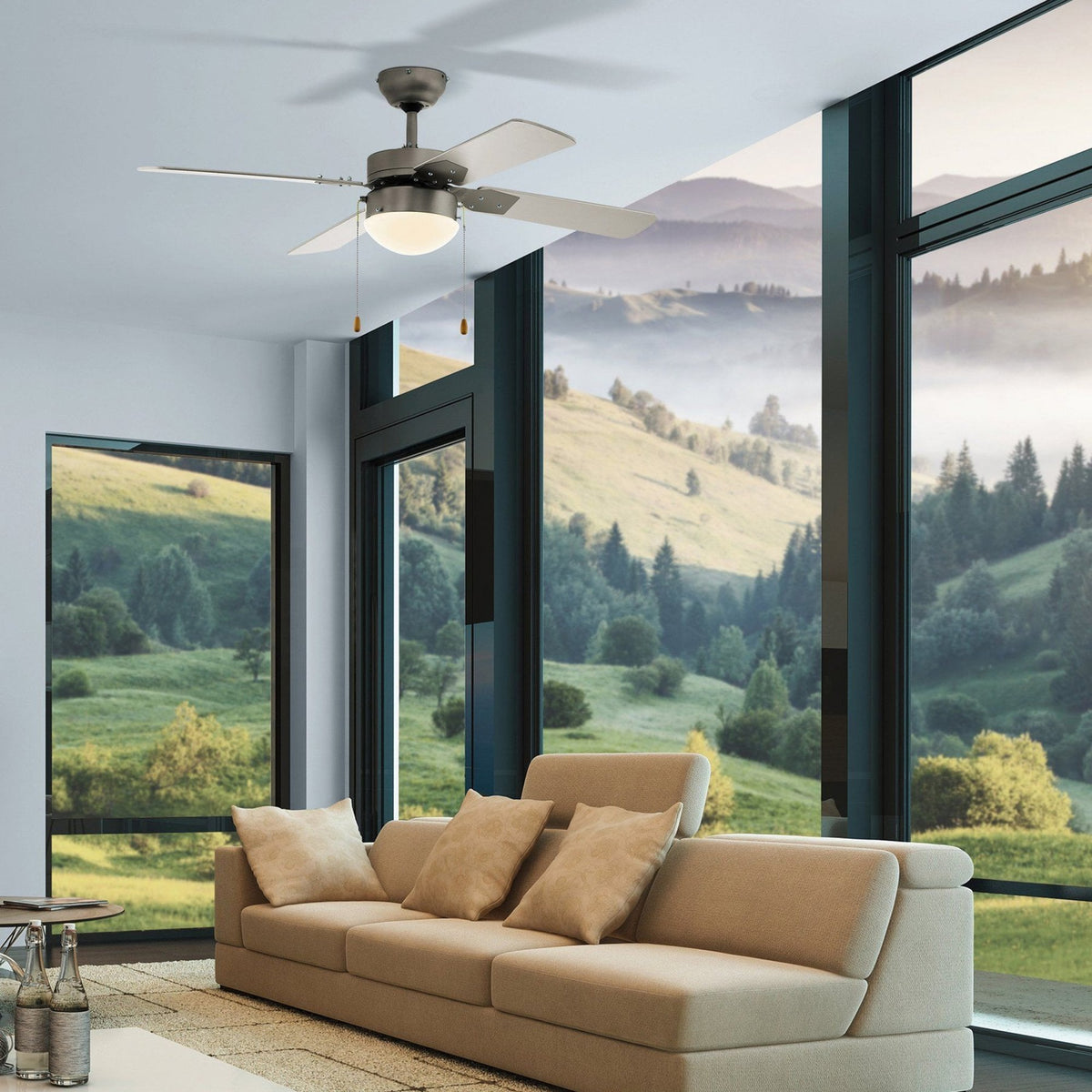 Gelsina Ceiling Fan & Light in Satin Nickel with MDF Silver Coloured Blades