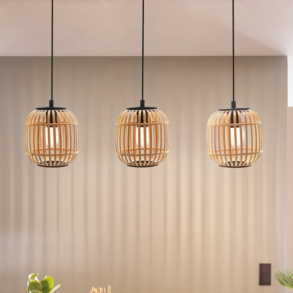 Bordesley Triple Drop Linear Pendant with Natural Bamboo Lampshades