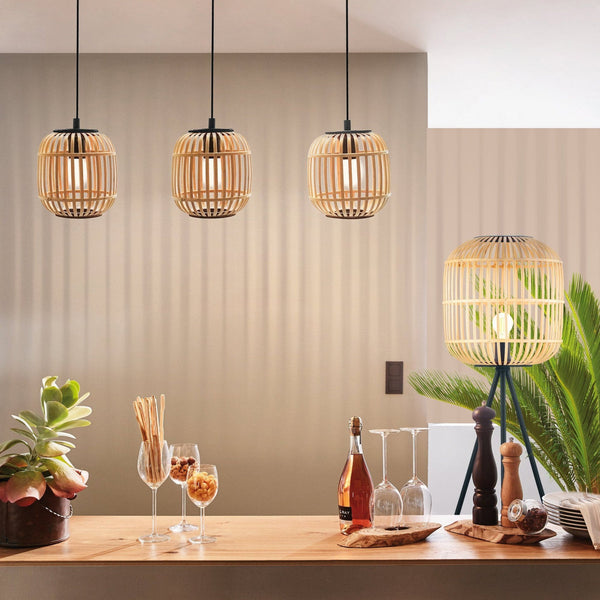 Bordesley Triple Drop Linear Pendant with Natural Bamboo Lampshades