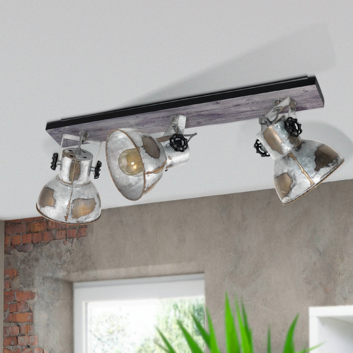 Three-light ceiling spotlight in industrial style with grey wood and metal finish.