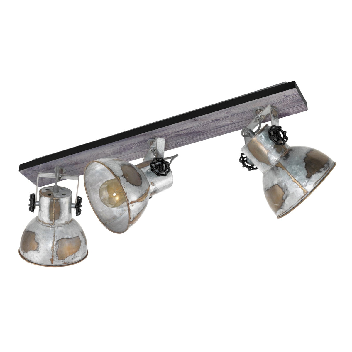 Three-light ceiling spotlight with distressed grey metal shades and a dark wooden bar.