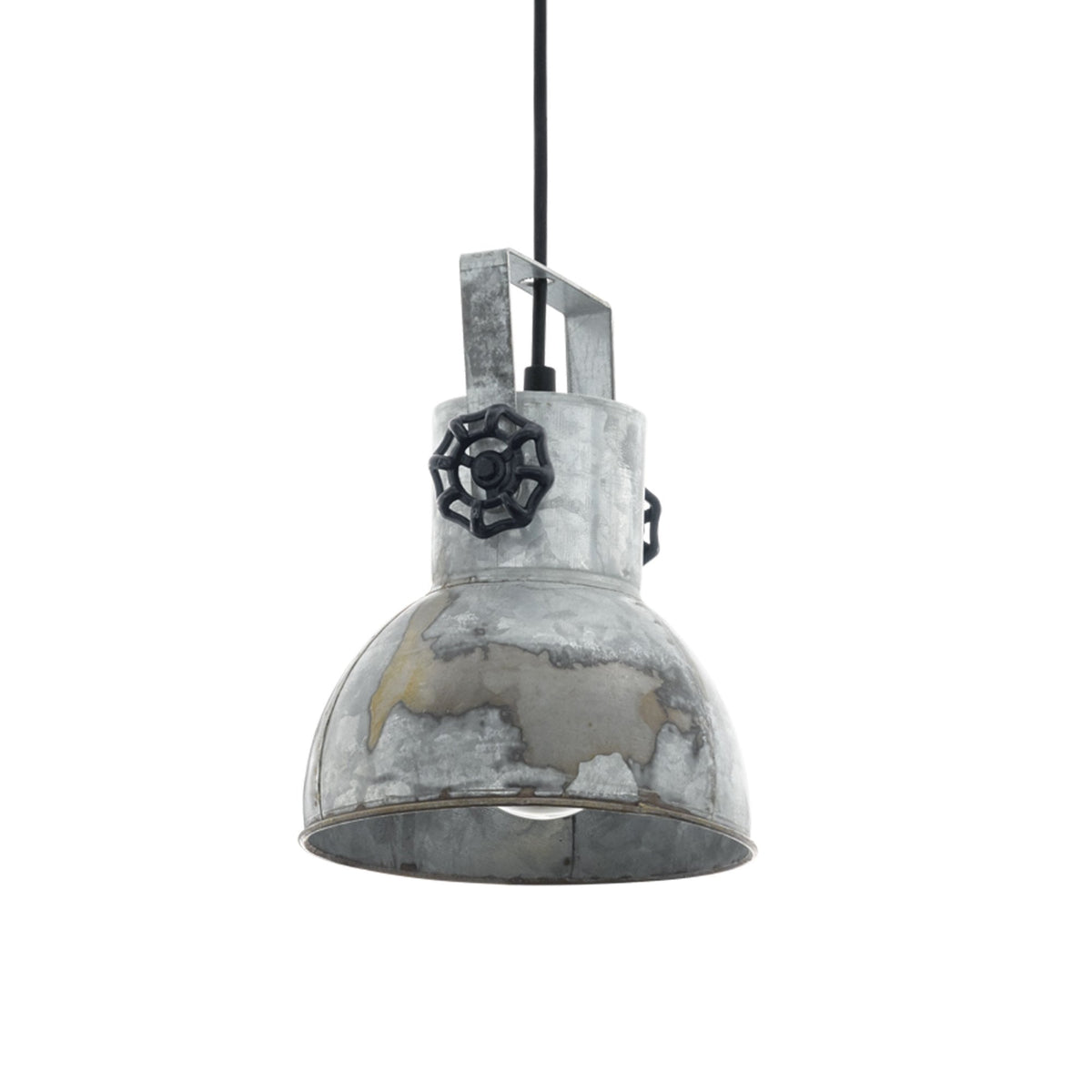 A studio shot of a distressed metal industrial-style pendant light with a black valve detail.