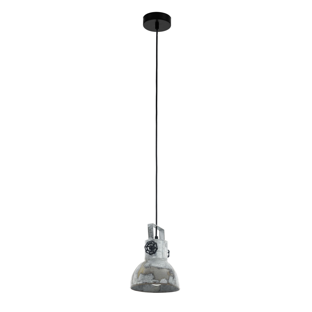 A full studio shot of a distressed metal industrial-style pendant light with a black valve.