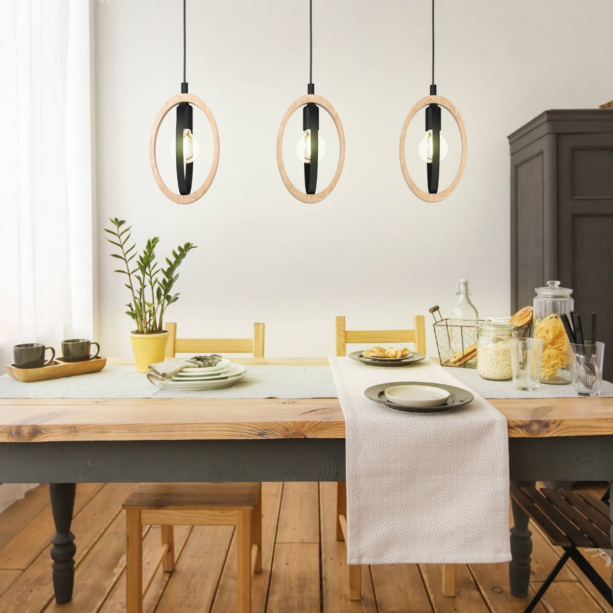 Basildon Triple Drop Bar Pendant in Natural Wood