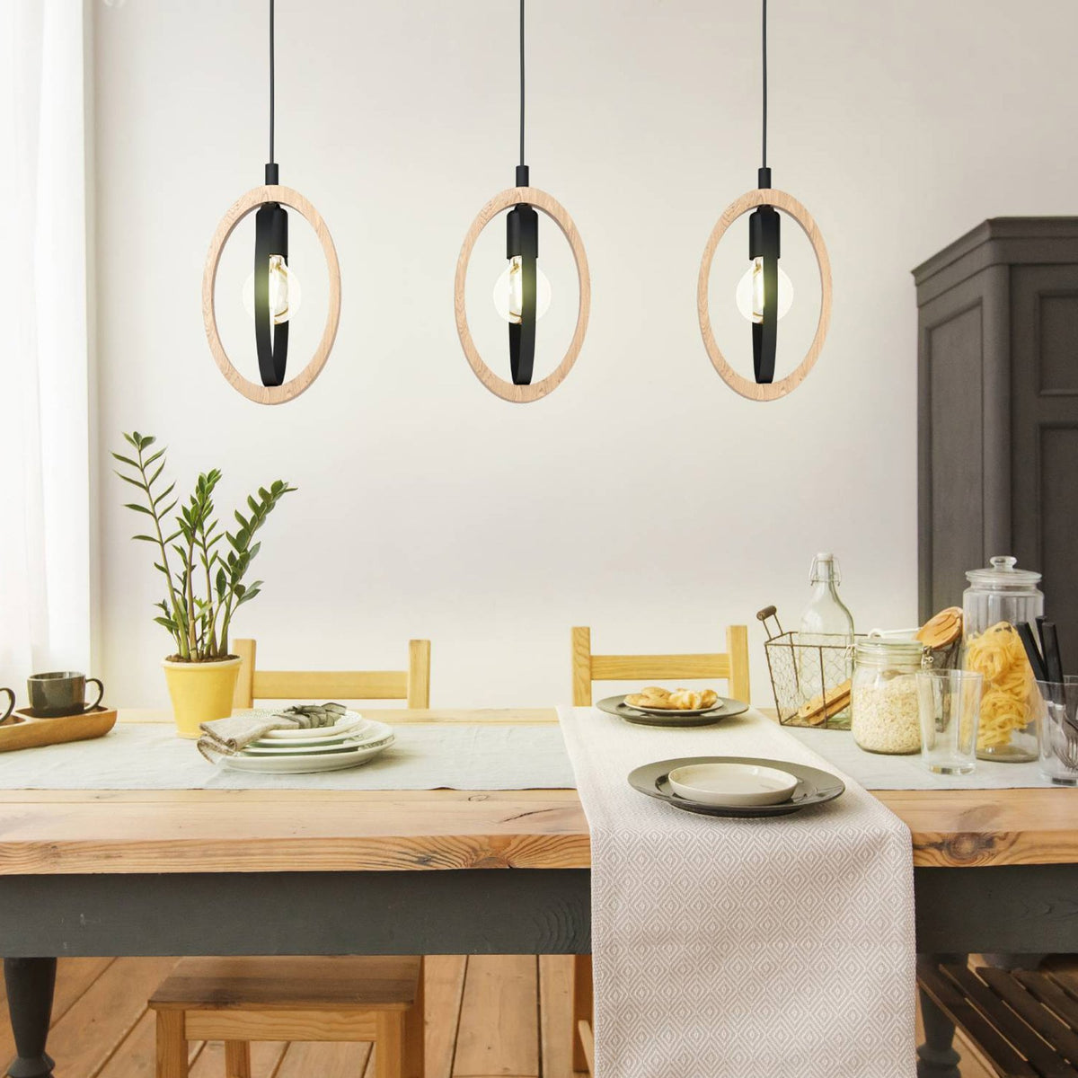 Basildon Triple Drop Bar Pendant in Natural Wood