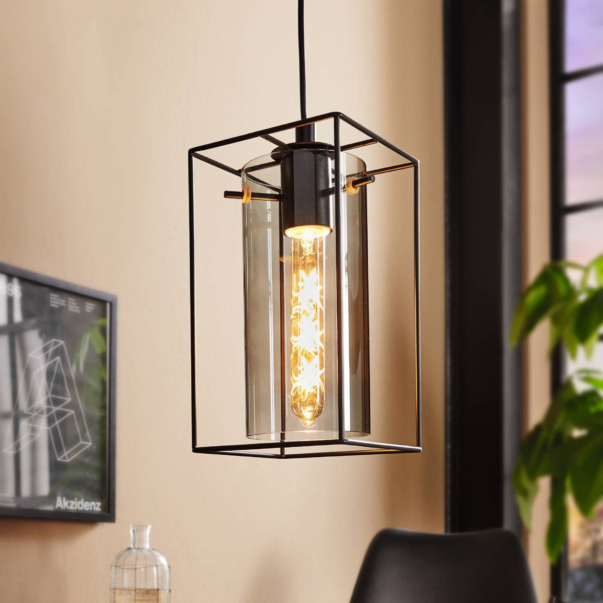 Loncino Single Pendant Light in Black Steel and Smoked Glass