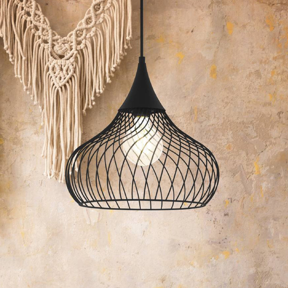 Staverton Single Drop Pendant Light with Decoratively Curved Wire Lampshade