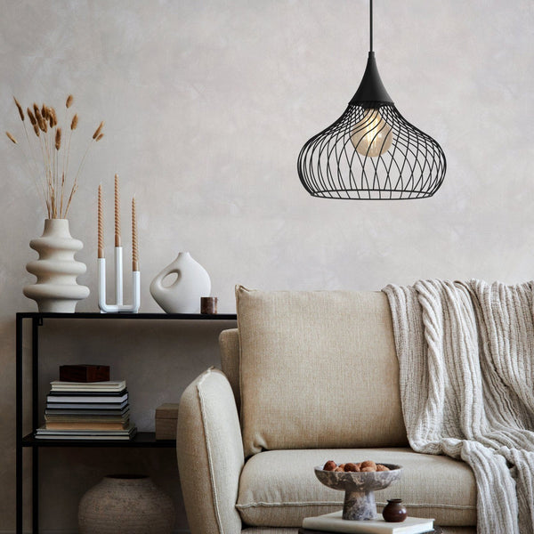 Staverton Single Drop Pendant Light with Decoratively Curved Wire Lampshade