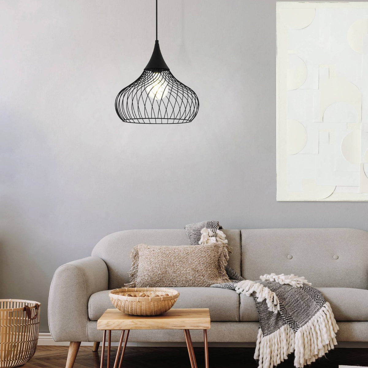 Staverton Single Drop Pendant Light with Decoratively Curved Wire Lampshade