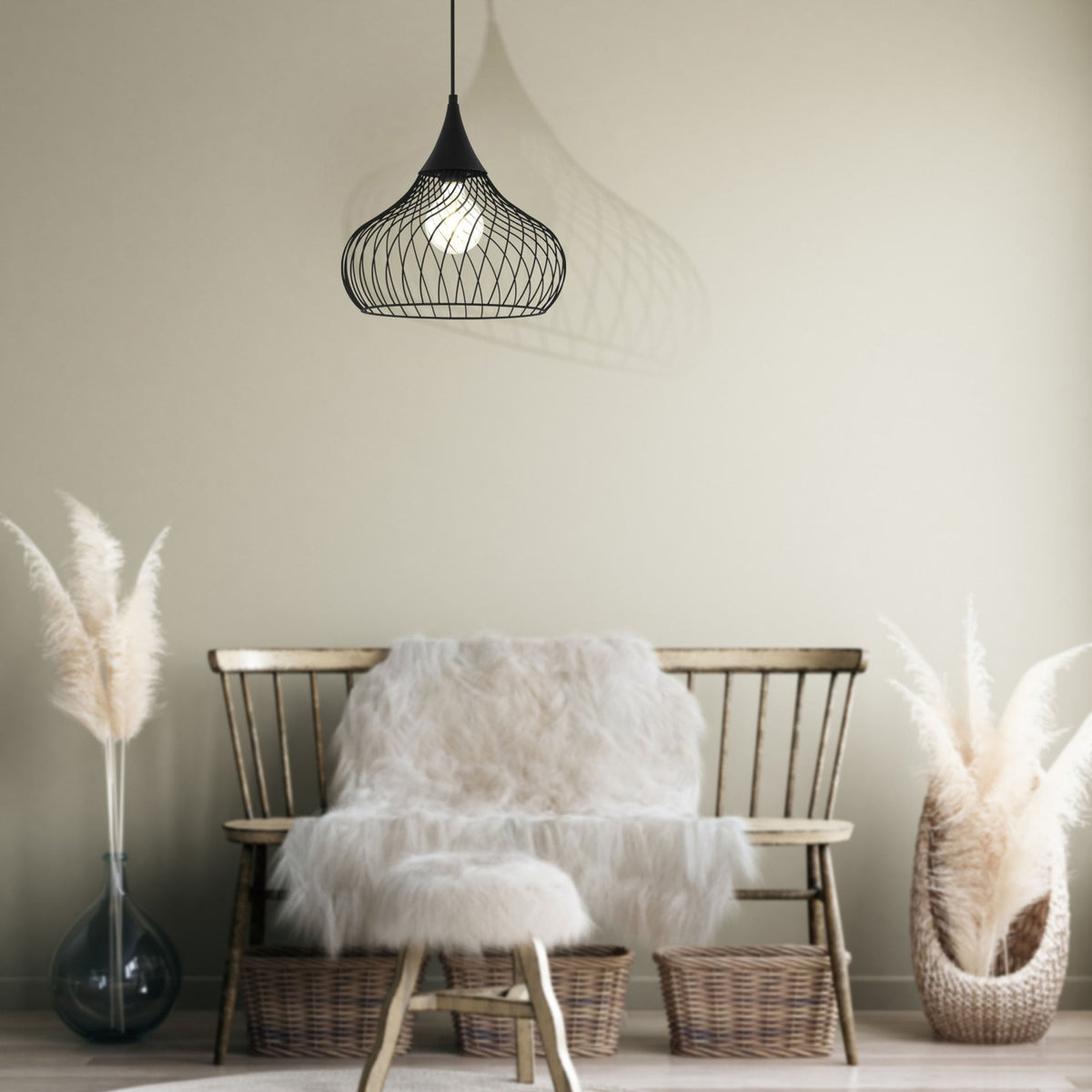 Staverton Single Drop Pendant Light with Decoratively Curved Wire Lampshade