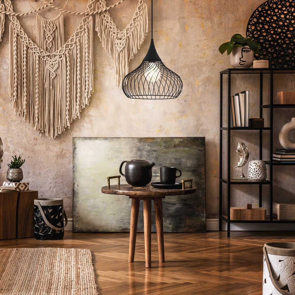 Staverton Single Drop Pendant Light with Decoratively Curved Wire Lampshade