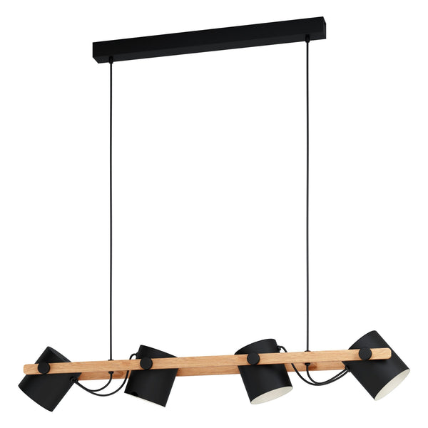 Hornwood Four Lamp Linear Pendant in Pinewood & Black Adjustable Shades