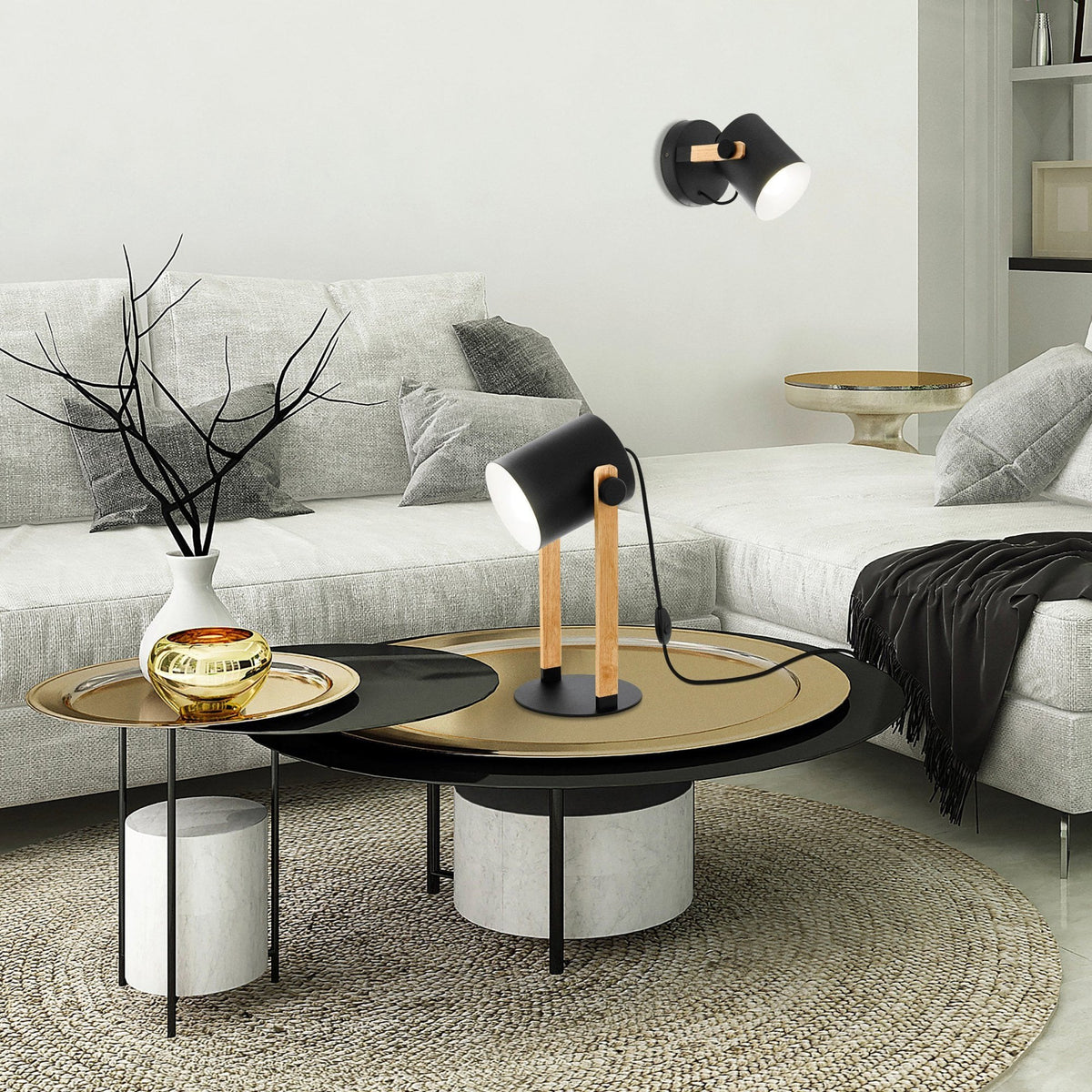 Hornwood Single Spotlight in Pinewood & Black Adjustable Shade