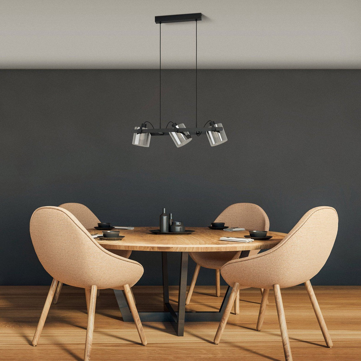 Hornwood 2 Three Lamp Linear Pendant in Black with Vaporized Glass Shades