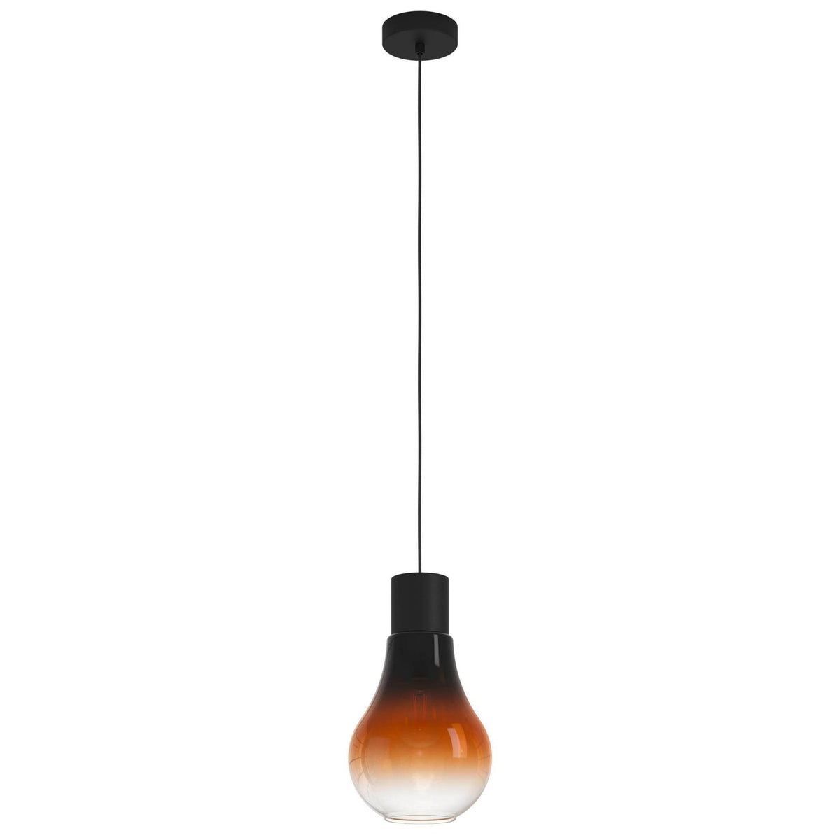 Full view of a gradient amber and clear glass pendant light hanging from a black cord.