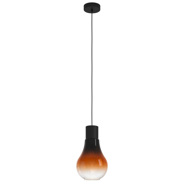 Full view of a gradient amber and clear glass pendant light hanging from a black cord.