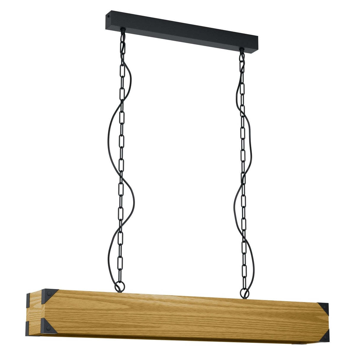 Wooden linear pendant light with black metal frame and chains 