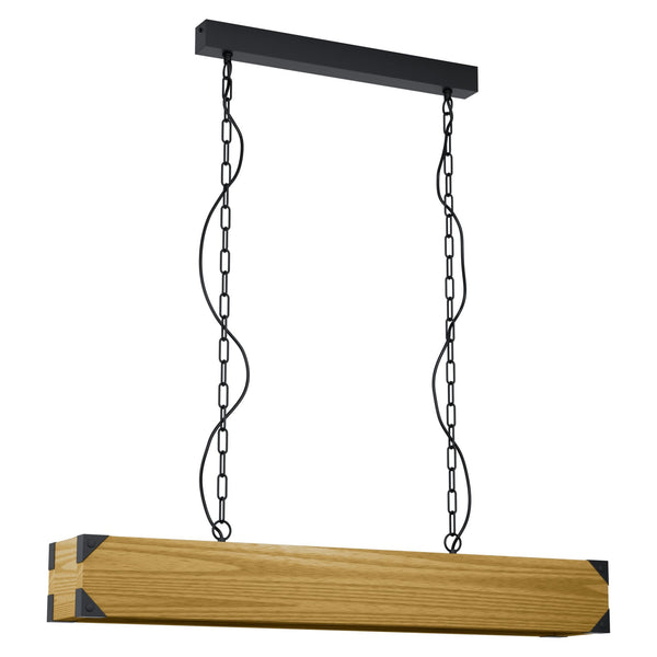 Wooden linear pendant light with black metal frame and chains 