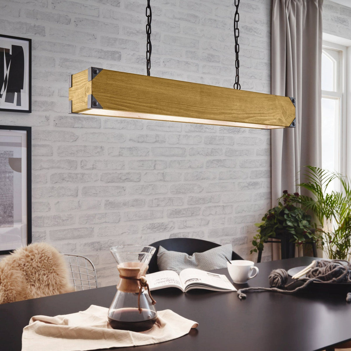 Harborough Linear Pendant in Wood with Metal Detailing