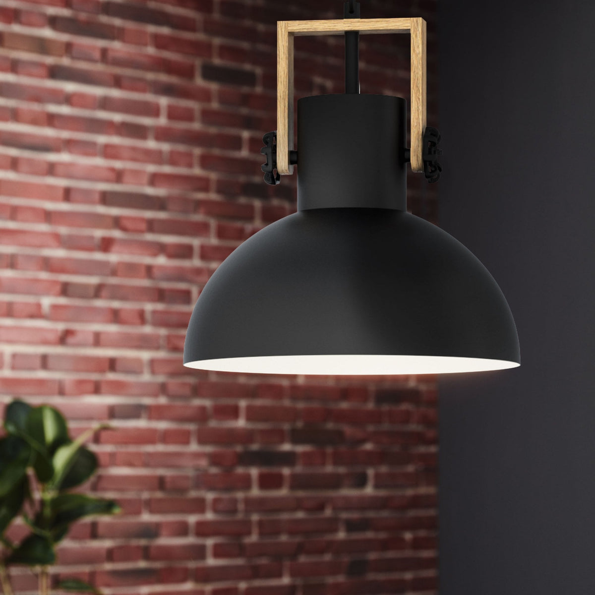Lubenham Single Drop Pendant in Black with Wood Detailing