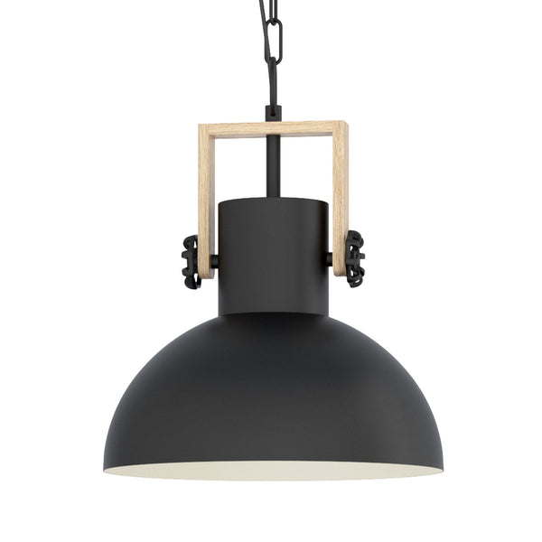 Lubenham Single Drop Pendant in Black with Wood Detailing